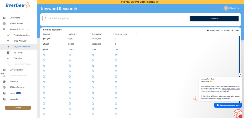 Screenshot of keyword research in Everbee Etsy SEO tool