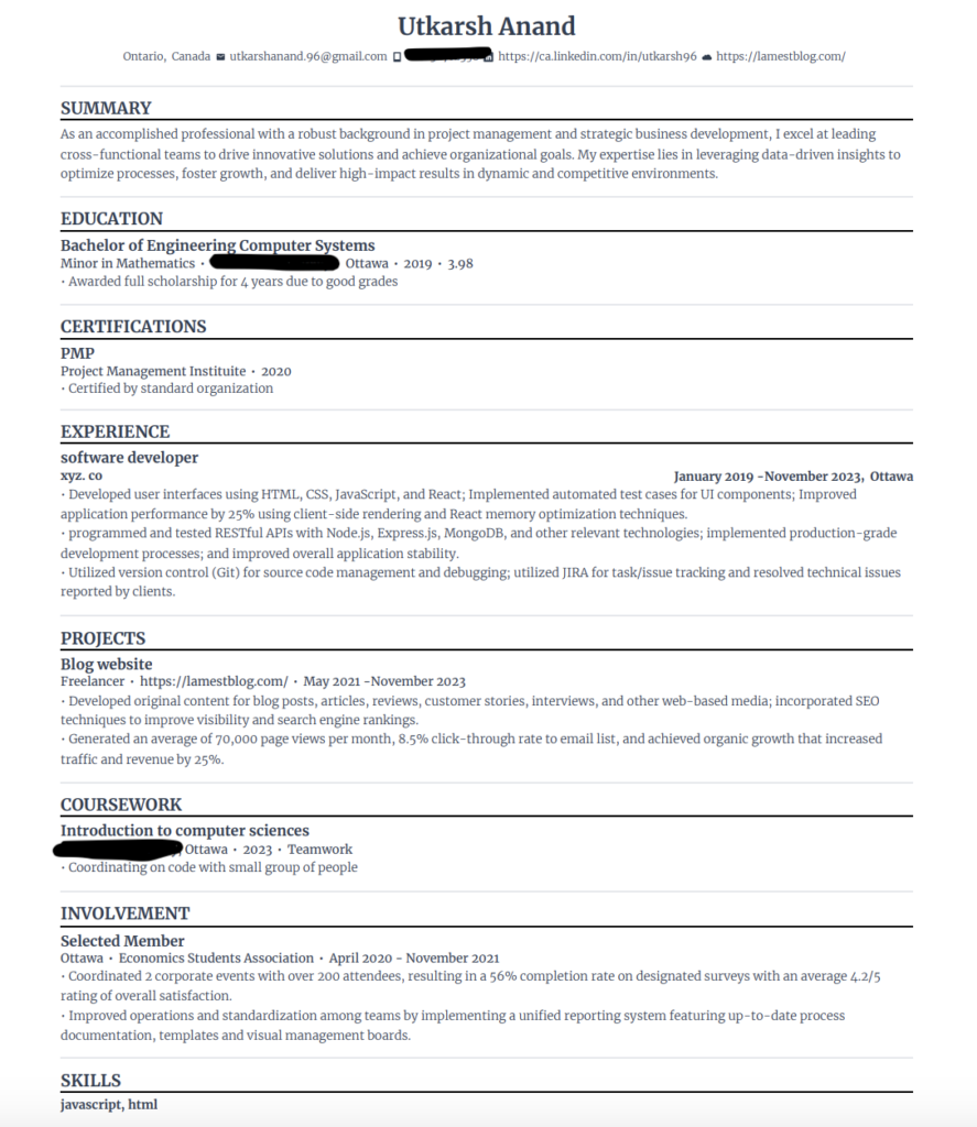 Full Resume created with Rezi