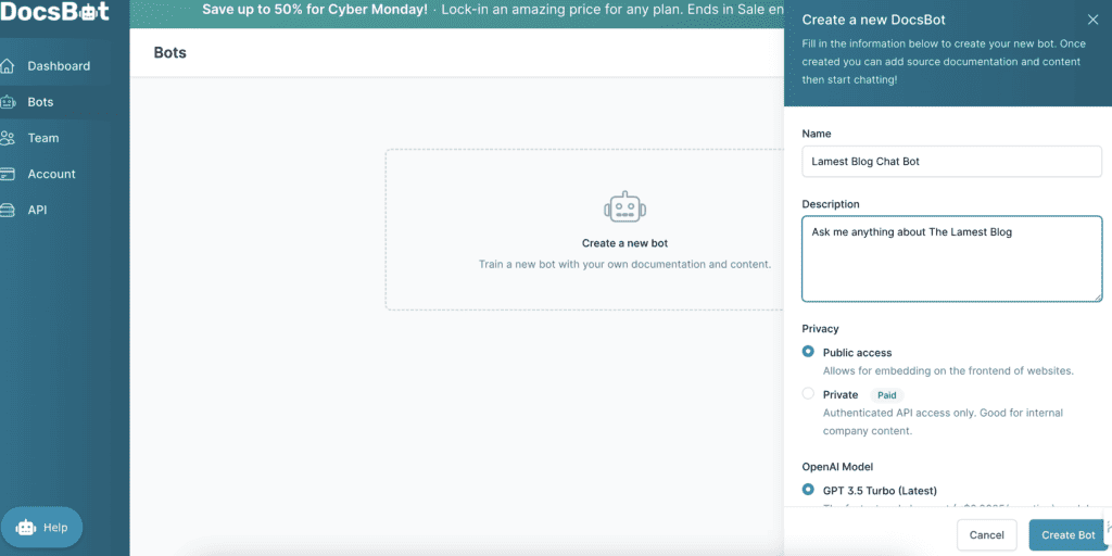 Creating a chatbot on DocsBot