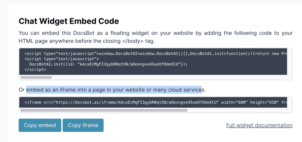 DocsBot chatbot integration options