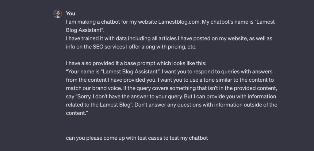 Creating Chatbot test cases in ChatGPT